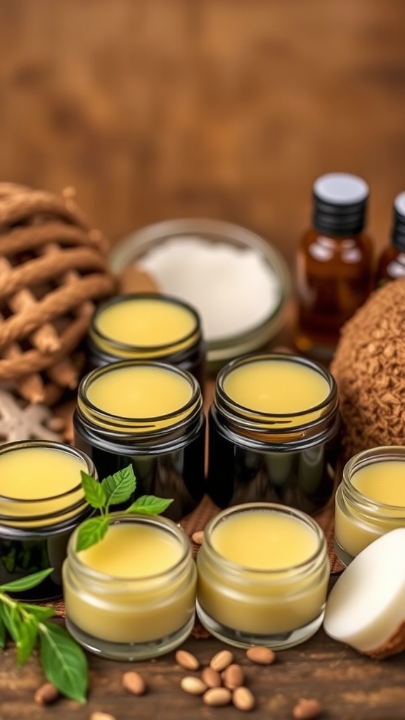 Homemade Beef Tallow Lip Balm for Natural Lip Care Homemade beef tallow lip balms in containers with natural ingredients, showcasing DIY beauty.
